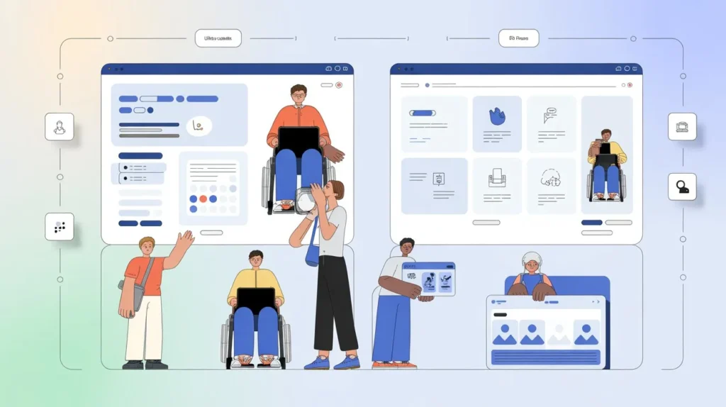 Inclusive interface illustration highlighting usability and accessibility principles in 777 systems.