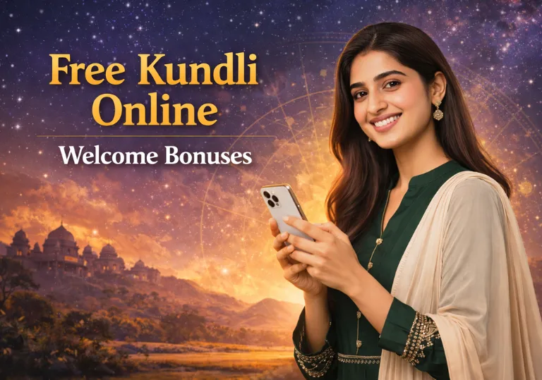 Free kundli online shown on a mobile app with welcome bonuses for new users.