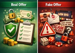 Side-by-side comparison of real vs fake 777 bonus offer highlighting scam warning signs and verification checklist.