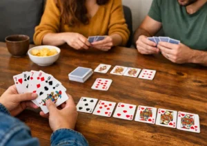 Players arranging cards during a Rummy 91 points-based game session