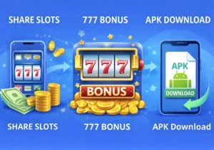 Visual guide explaining share slots, 777 bonus, and APK download on Android