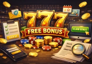 Guide showing how to claim the 777 free bonus through registration, verification, and activation.