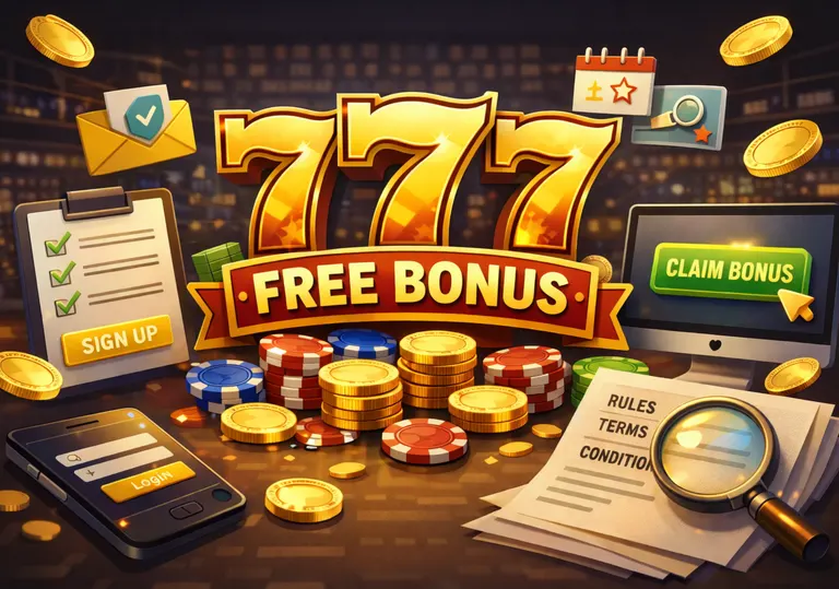 Guide showing how to claim the 777 free bonus through registration, verification, and activation.