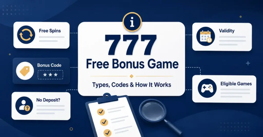 777 free bonus game guide showing bonus code, free spins, validity, eligible games, and offer checklist