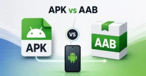 AAB files compared with APK files in a clean Android app bundle visual