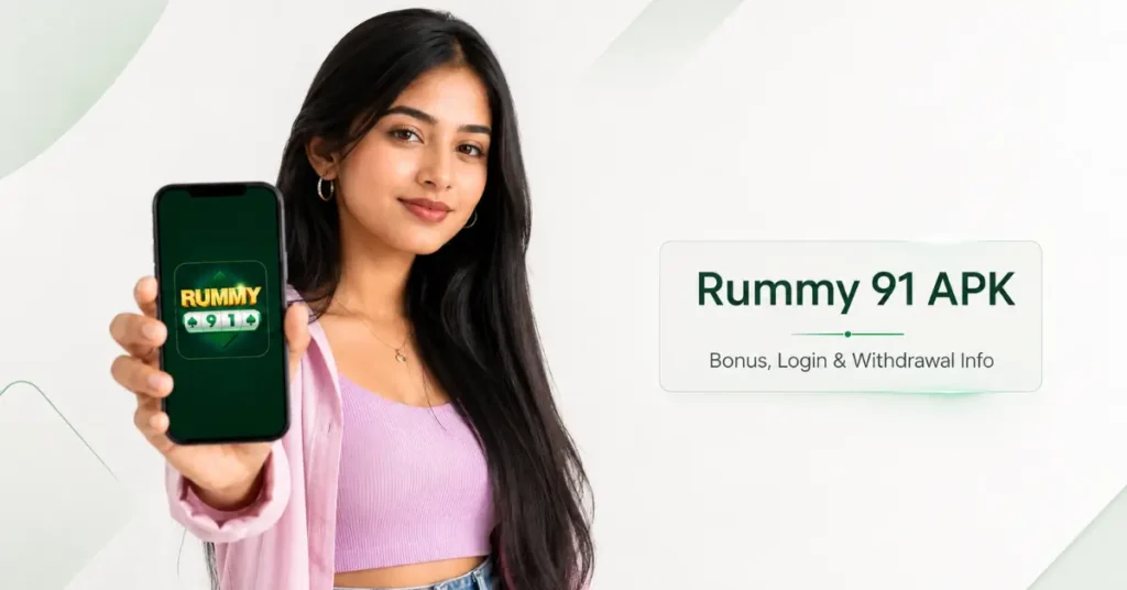 Rummy 91 APK shown on a phone held by an Indian woman