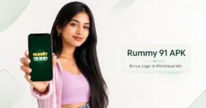 Rummy 91 APK shown on a phone held by an Indian woman