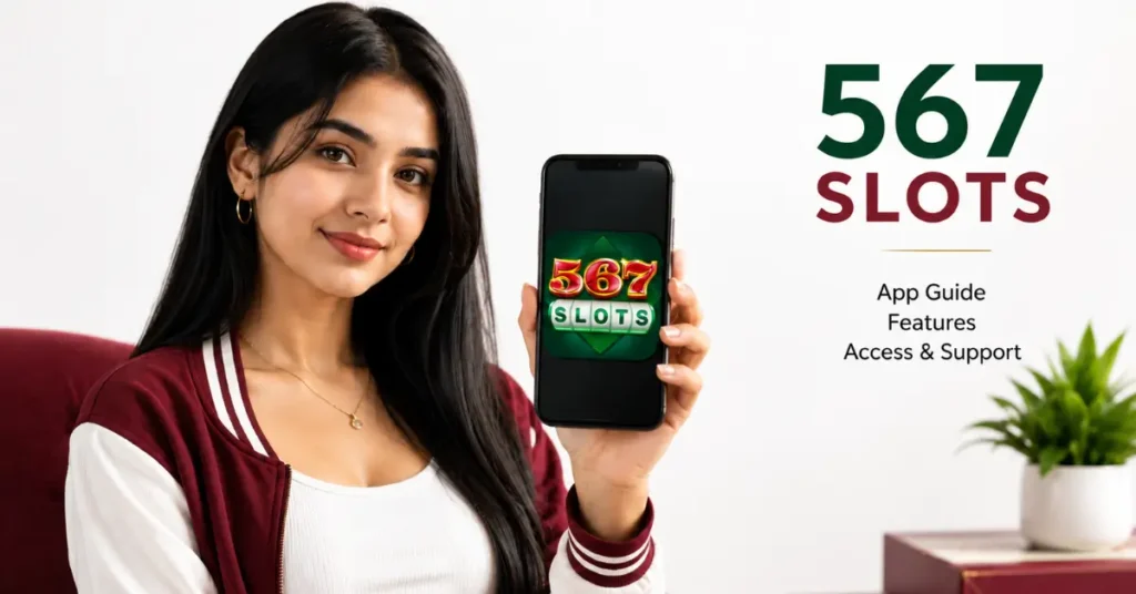 Indian Gen Z woman holding a phone showing the 567 Slots app icon, with clean white background and app guide text for access, features, and support