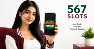 Indian Gen Z woman holding a phone showing the 567 Slots app icon, with clean white background and app guide text for access, features, and support