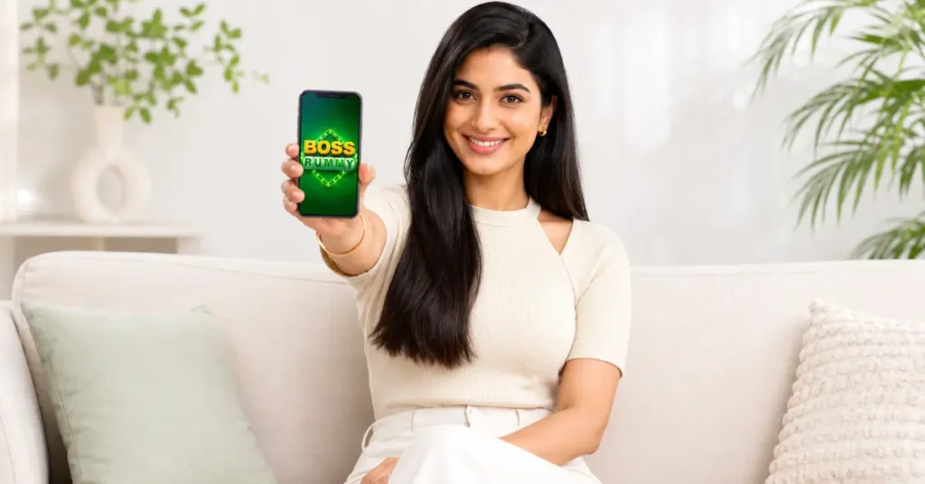Young Indian woman showing Boss Rummy APK details on a phone