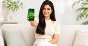 Young Indian woman showing Boss Rummy APK details on a phone