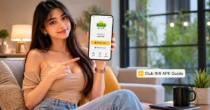 Indian woman holding a smartphone showing Club INR APK app access screen