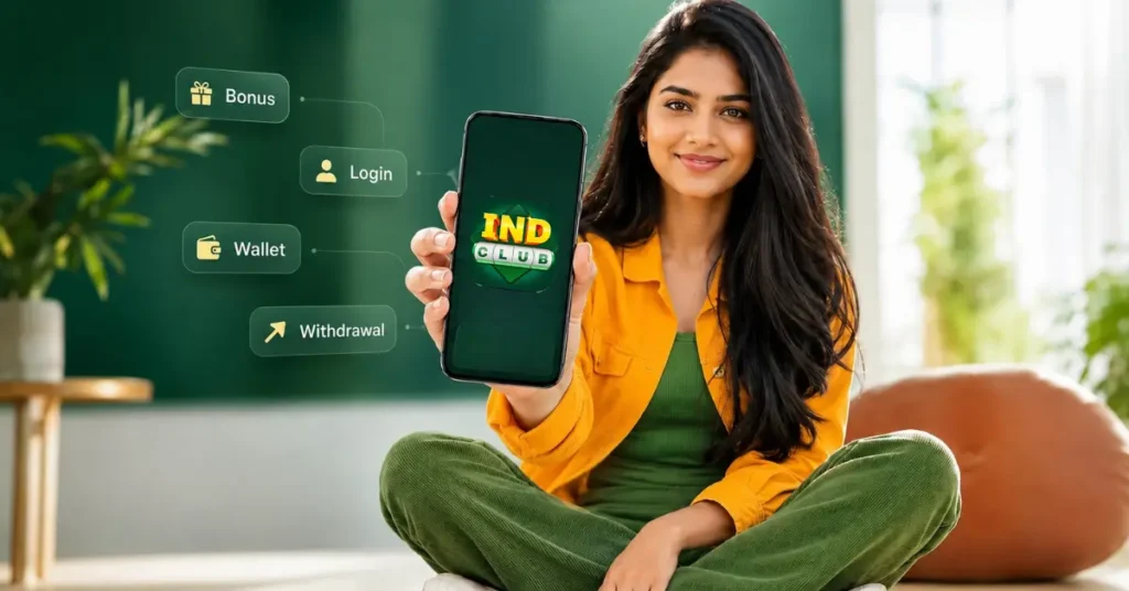 Ind Club app details featured image showing an Indian woman holding the app on her phone with bonus, login, wallet, and withdrawal icons