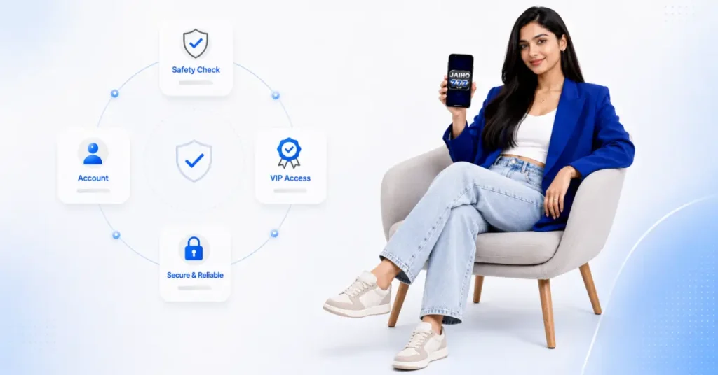 Jaiho777 VIP app guide image showing an Indian woman holding a phone with safety and account check icons