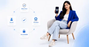 Jaiho777 VIP app guide image showing an Indian woman holding a phone with safety and account check icons