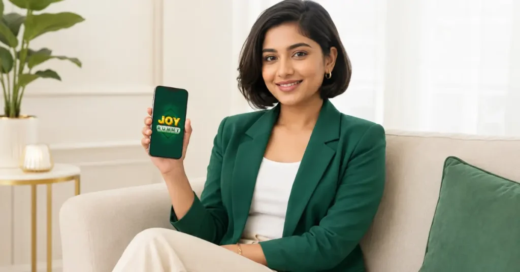 Woman holding Joy Rummy app screen on a phone while sitting on a couch