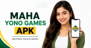 Indian Gen Z woman holding a phone showing the Maha Games logo for a Maha Yono Games APK app details and updates guide