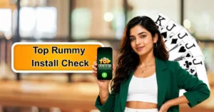 Confident Indian Gen Z woman showing the Top Rummy APK on her phone, with a clean white background and subtle rummy-style gaming details